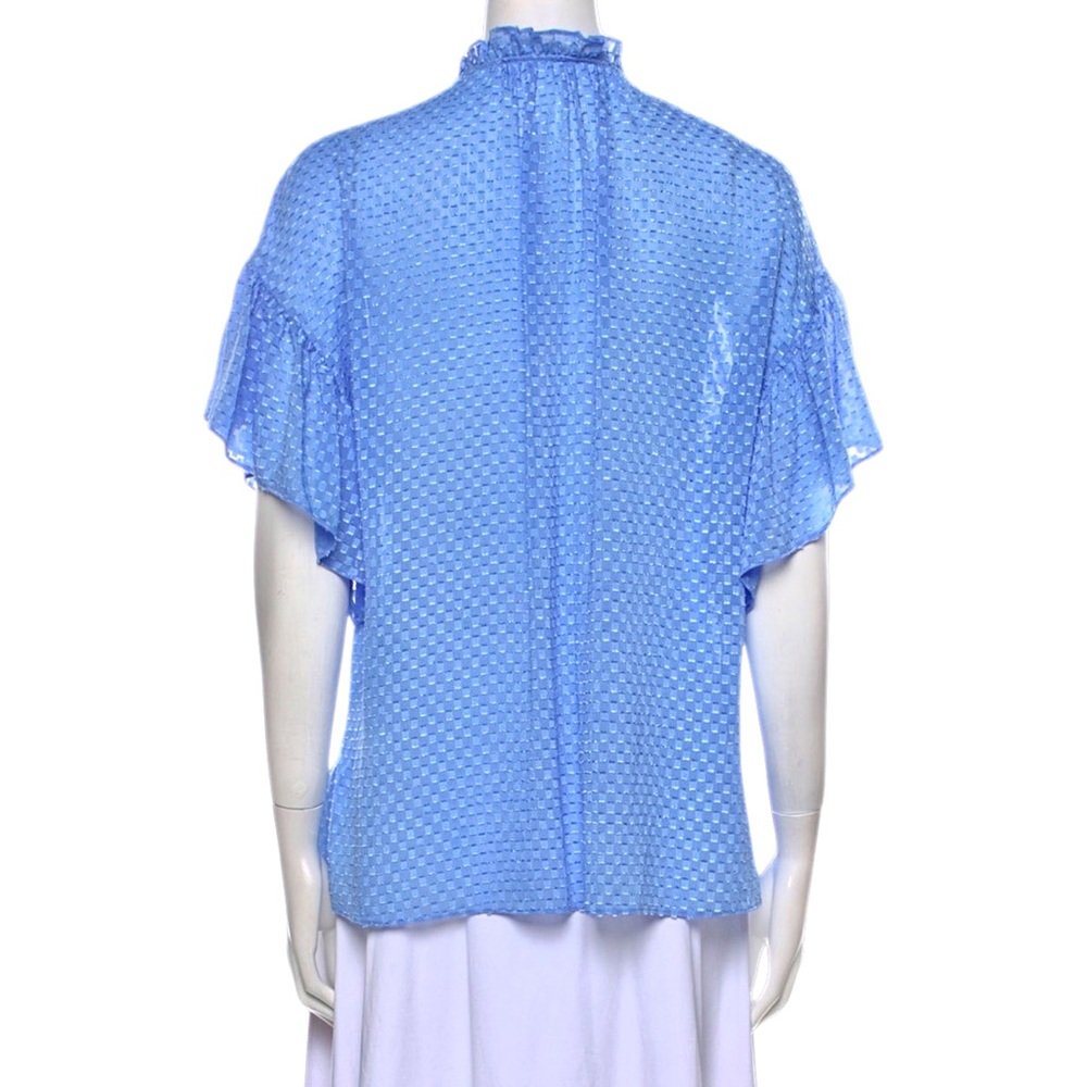 ALICE + OLIVIA Julius Ruffle Peasant Blouse Blue Top Solid Swiss
Dot‎ Ties - Picture 9 of 16